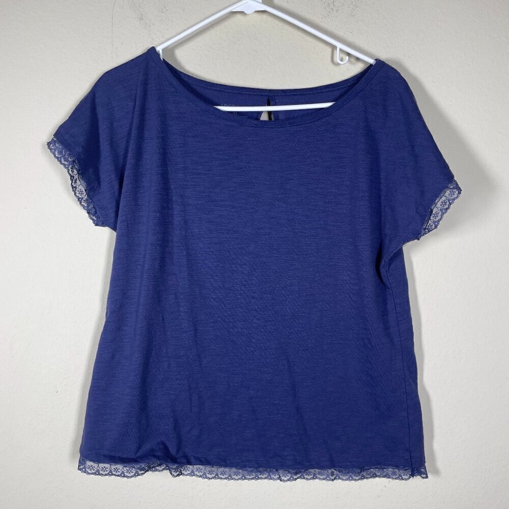 Adore Me Women's Navy Lace Short Sleeve Tee Shirt Keyhole Back XL Runs Small